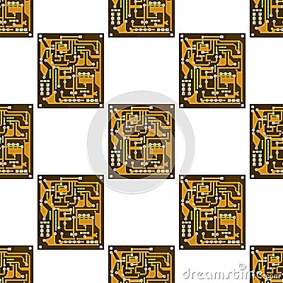 Circuit Board Seamless Pattern on White Background. Flat Design. Computer Technologal Texture. High Tech Printed Symbol. Vector Illustration