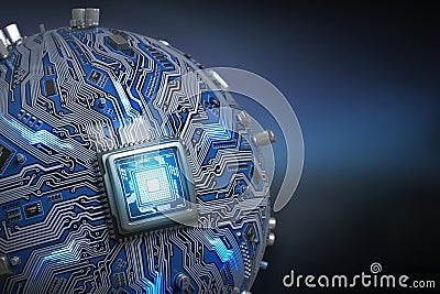 Circuit board system chip with core processor. Spherical compute Cartoon Illustration