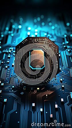 Circuit board wireframe, binary code, and security shield on a blue backdrop Stock Photo