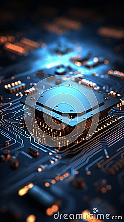 Circuit board wireframe, binary code, and security shield on a blue backdrop Stock Photo