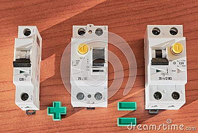 Circuit breaker, RCD and differential current circuit breaker. Stock Photo