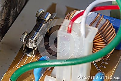 Circuit diagram with blown fuse. Electrical network concept, safety and short circuit Stock Photo