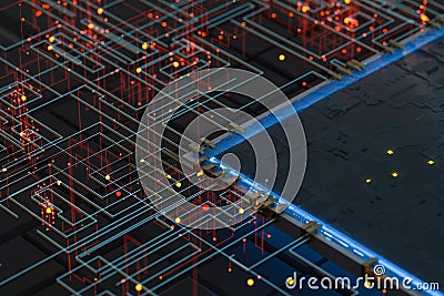Circuit with glowing lines with dark background, 3d rendering Stock Photo