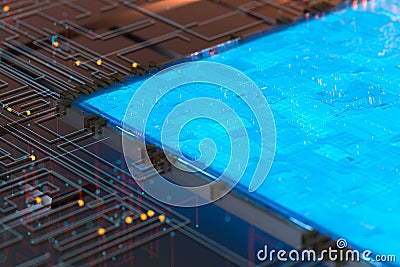 Circuit with glowing lines with dark background, 3d rendering Stock Photo