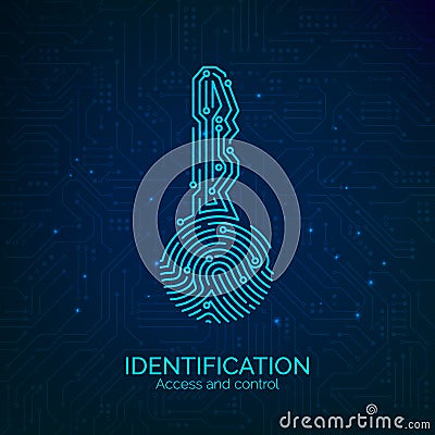 Circuit key fingerprint scanner. Scan biometric fingermark electronic verification and identification. Vector Vector Illustration