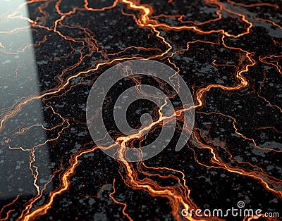 Circuit Marble with binary code veins on obsidian and GPU-inspired copper traces, designed for cyberpunk data center flooring, Stock Photo