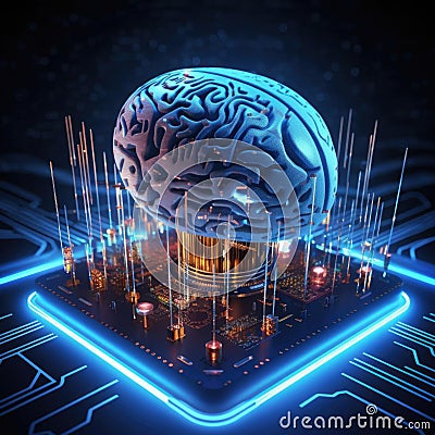 Circuit style with brain model. Artificial neural network. Stock Photo