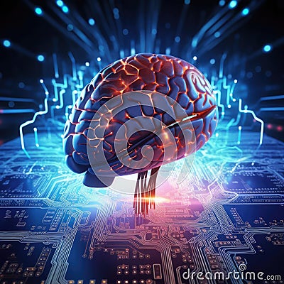 Circuit style with brain model. Artificial neural network. Stock Photo
