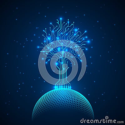 Circuit tree on network sphere. Abstract futuristic hologram sci fi background. Vector Vector Illustration