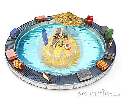 Circular baggage conveyor belt with bags and suitcases on it, tiny tropical sandy island for vacation amidst the ocean water Cartoon Illustration