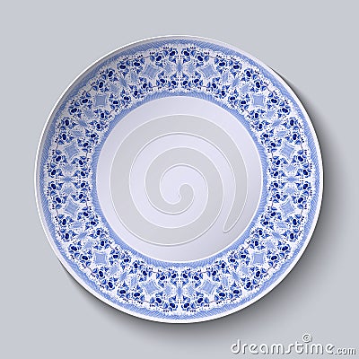 Circular blue flower pattern with empty space in the center. White porcelain plate with a stylized pattern in ethnic style. Vector Illustration