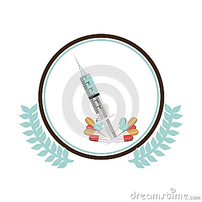 Circular border with olive branch and Needle syringe and pills Vector Illustration