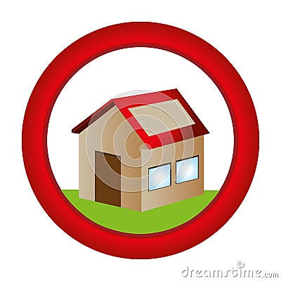 Circular button with house one floor inside and garden Vector Illustration