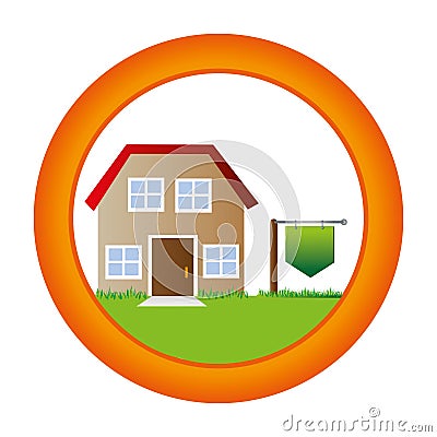 Circular button with house two floor inside and plaque in pole Vector Illustration