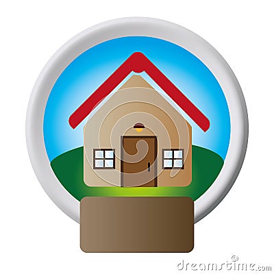 Circular button with realistic house one floor inside and garden with plaque Vector Illustration