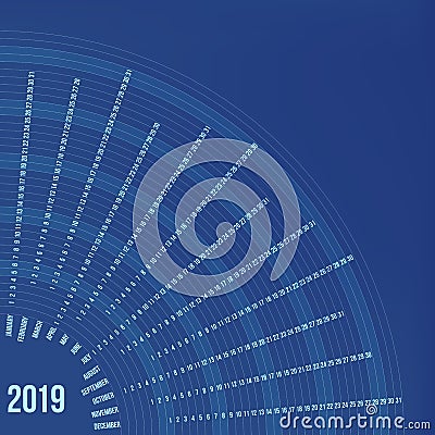 Circular calendar 2019 year. Minimal date poster Vector Illustration