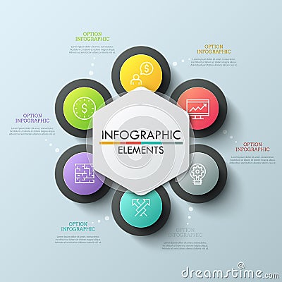 Circular chart with 6 round elements placed around central hexagon, thin line symbols and text boxes. Six steps to Vector Illustration