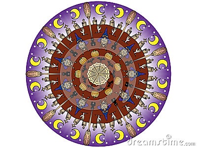 Circular Colored Mandala Halloween Themed Illustration with Hands buried, Witches, Moon, Tomb with RIP phrase, Cats and Pumpkins. Stock Photo