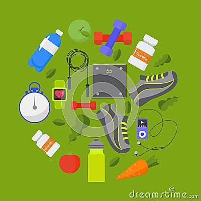 Circular concept of sports, fitness, healthy lifestyle equipment Vector Illustration