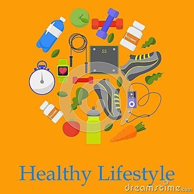 Circular concept of sports, fitness, healthy lifestyle equipment Vector Illustration