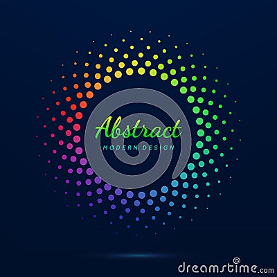 Circular dot frame. Faded neon circle. Abstract halftone dots pattern. Fading gradient lattice. Fades boarder for design prints. G Vector Illustration