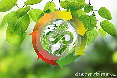 Circular economy concept. Illustration of infinity symbol, Earth and tree branch with green leaves on blurred background Stock Photo
