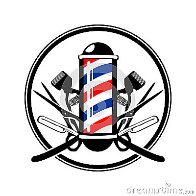 Circular Emblem Barber& x27;s Pole with Scissor, Razor And Old Clippers Vector Illustration