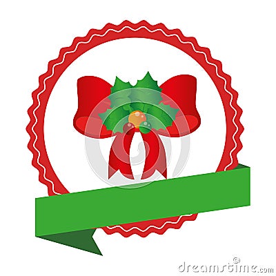 Circular emblem with christmas red bow with holly Vector Illustration