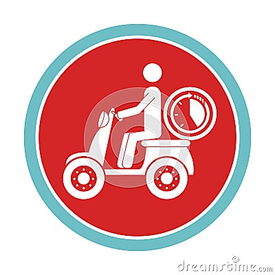 Circular emblem with delivery man in scooter and timer on Vector Illustration