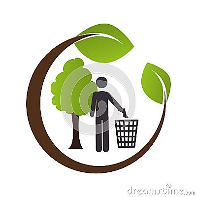 Circular emblem formed by branch and tree with man and trash container Vector Illustration