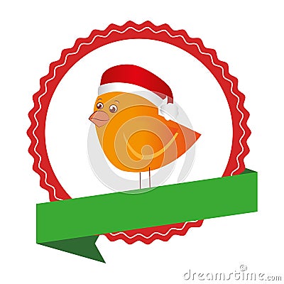 Circular emblem with ribbon and bird with christmas hat Vector Illustration