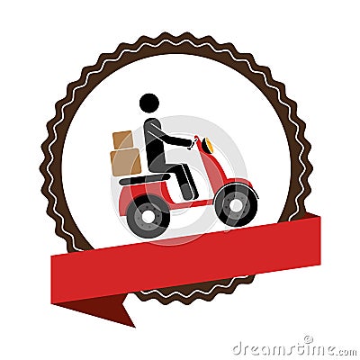 Circular emblem with ribbon and delivery man in scooter Vector Illustration