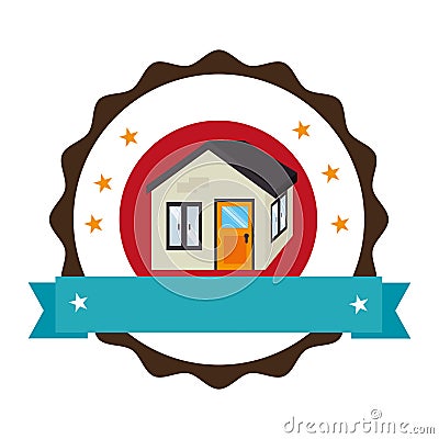 Circular emblem with ribbon and house Vector Illustration