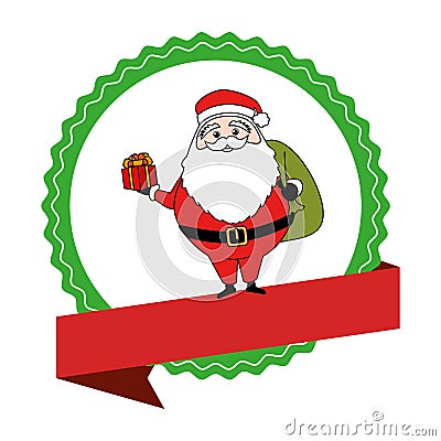 Circular emblem with ribbon and santa claus with bag of gifts Vector Illustration