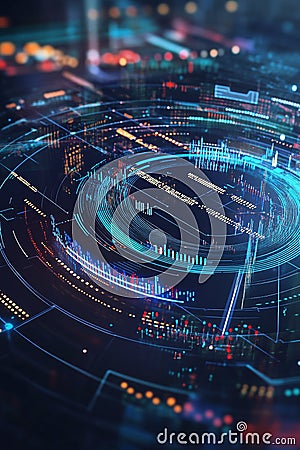 Circular fintech badge floating on a dynamic matrix of financial data points and graphs. Stock Photo