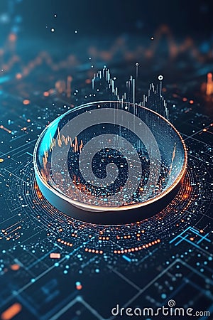 Circular fintech badge floating on a dynamic matrix of financial data points and graphs. Stock Photo