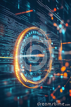 Circular fintech badge floating on a dynamic matrix of financial data points and graphs. Stock Photo