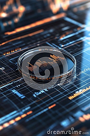 Circular fintech badge floating on a dynamic matrix of financial data points and graphs. Stock Photo