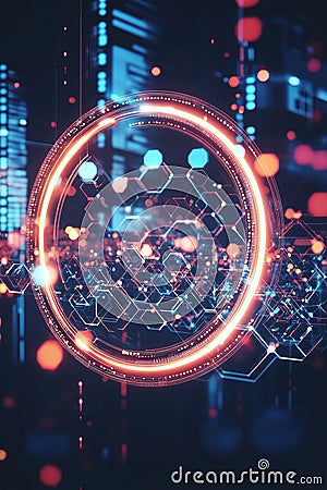 Circular fintech icon illuminated by a radiating digital wave with blockchain-inspired hexagonal patterns in the background. Stock Photo