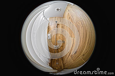 Wide angle view of the interior. Circular fisheye view of an indoor shower Stock Photo