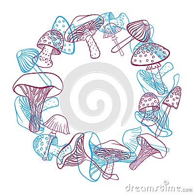 Circular frame of different hand drawn mushrooms in bright colors. Can be used as restaurant menu design. Vector Illustration
