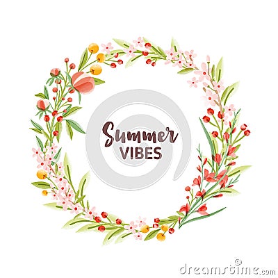 Circular frame, garland, wreath or border made of colorful blooming seasonal flowers, berries and leaves and Summer Vector Illustration