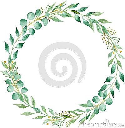 Circular frame with green foliage hand drawn watercolor raster illustration Cartoon Illustration