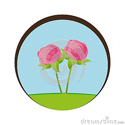 Circular frame landscape with roses Vector Illustration