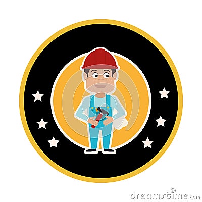 Circular frame with silhouette man carpenter and and decorative stars Vector Illustration