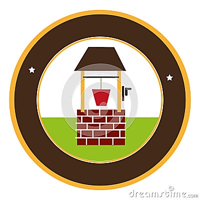 Circular frame with wooden well and bucket water Vector Illustration