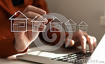 Circular futuristic interface of smart home automation assistant on a virtual screen and a user touching a button Stock Photo