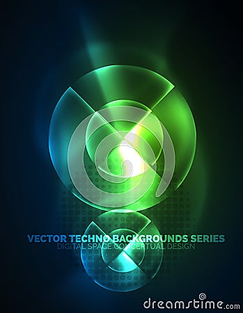 Circular glowing neon shapes, techno background Vector Illustration