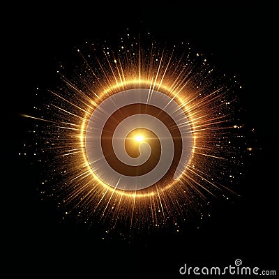 Circular Golden Light Explosion on Black Background Stock Photo