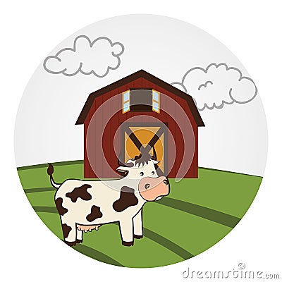 Circular landscape with barn and cow Vector Illustration